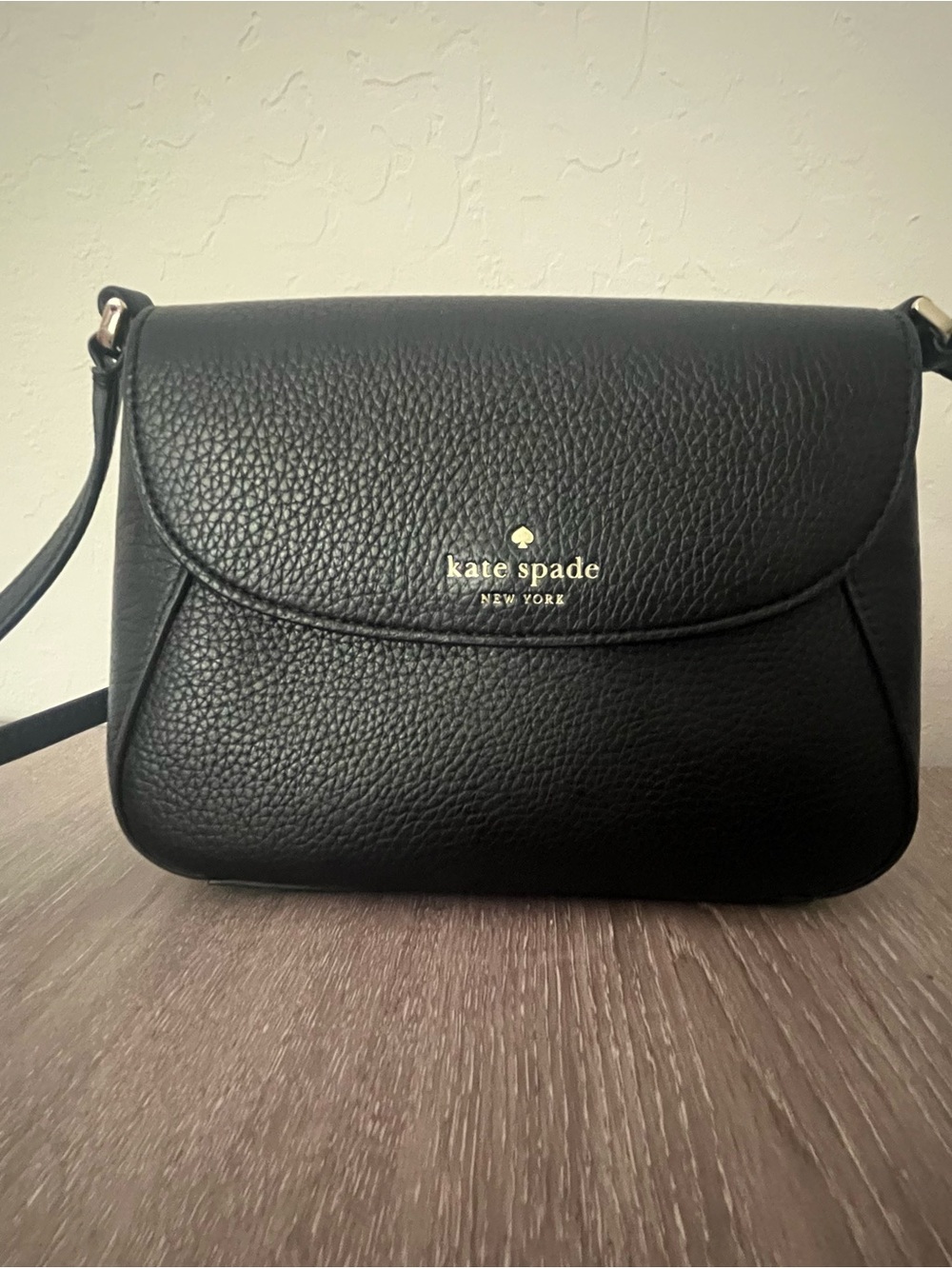 kate spade Black Pebbled Leather Flap Crossbody with Gold Logo